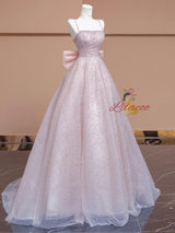 Pink Sequins Spaghetti Straps Prom Dress With Bow