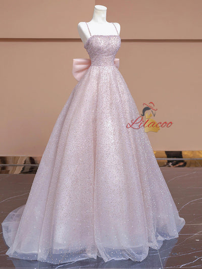 Pink Sequins Spaghetti Straps Prom Dress With Bow