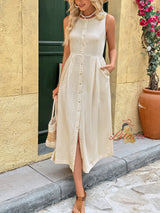 Sleeveless Round Neck Solid Color Dress