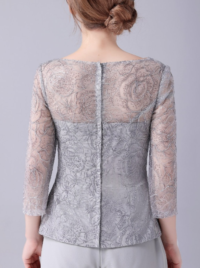 Gray Chiffon Lace Mother Of The Bride Dress