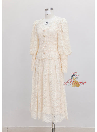 Lace Long Sleeve V-neck Prom Dress