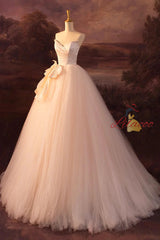Champagne Tulle Pleats Bow Wedding Dress