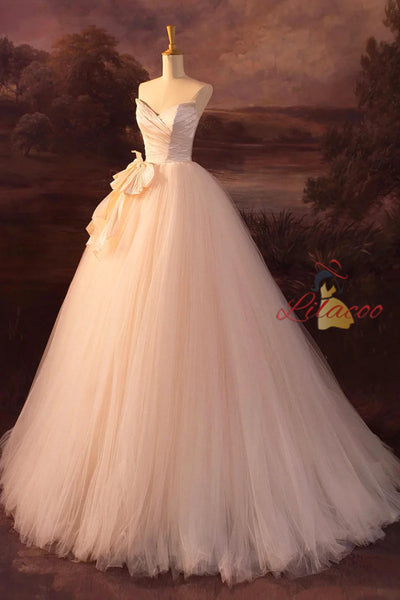 Champagne Tulle Pleats Bow Wedding Dress