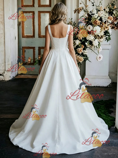 White Satin Straps Sleeveless Wedding Dress