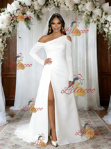 White Irregular Neck Long Sleeve Wedding Dress