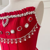 Red Satin Strapless Beading Prom Dress