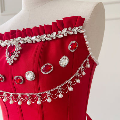 Red Satin Strapless Beading Prom Dress