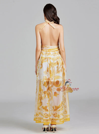 Open-back V-neck Chiffon Printed Dress