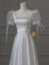 White Satin Square Neck Short Sleeve Wedding Dress