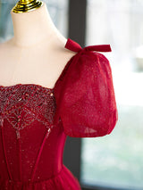 Burgundy Tulle Puff Sleeve Beading Prom Dress