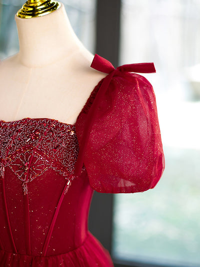 Burgundy Tulle Puff Sleeve Beading Prom Dress