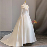 Ivory White Satin Long Sleeve Wedding Dress