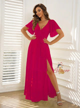 Fuchsia V-neck Short Sleeve Split Dress