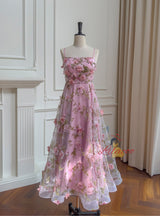 Pink Tulle Print 3D Flower Prom Dress