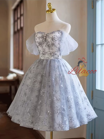 Gray Tulle Lace Sequins Homecoming Dress