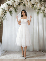 White Lace Puff Sleeve Square Neck Wedding Dress