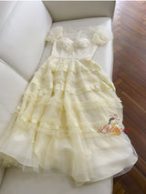 Yellow Short Sleeve Flower Prom Dress