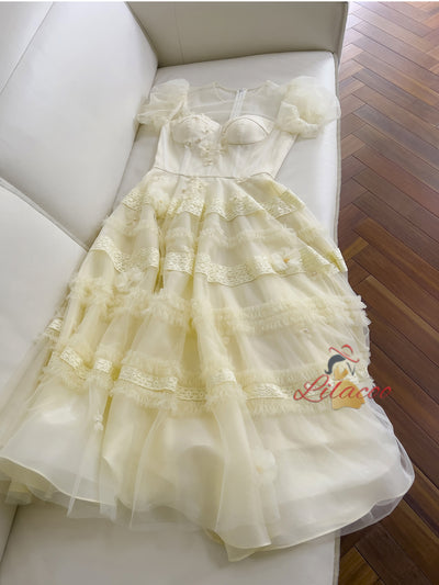 Yellow Short Sleeve Flower Prom Dress