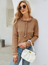 Pullover Button Round Neck Wood Ear Sweater