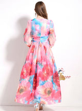 Palace V-neck Lantern Sleeve Printed Long Dress