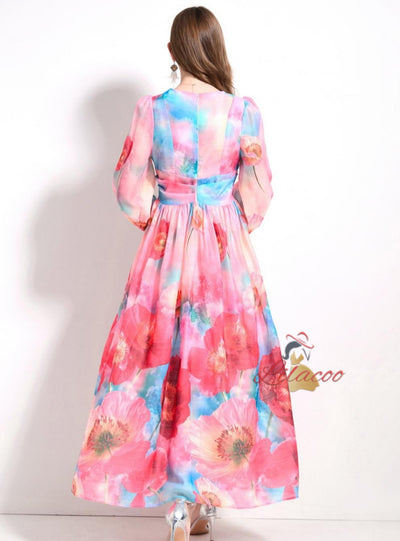 Palace V-neck Lantern Sleeve Printed Long Dress
