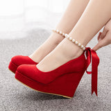 Beaded Ribbon Round Head Waterproof Platform Shoes