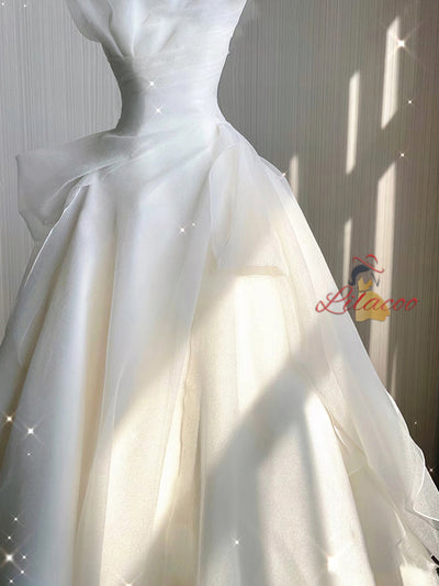 White Strapless Pleats Sleeveless Wedding Dress