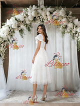 White Lace Puff Sleeve Square Neck Wedding Dress