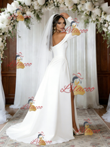 White Irregular Neck Long Sleeve Wedding Dress