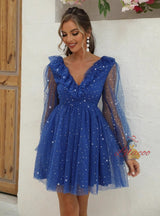 V-neck Stitching Gauze Sequined Bubble Sleeve Dress