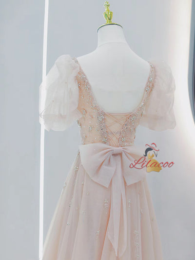 Pink Tulle Puff Sleeve Beading Prom Dress