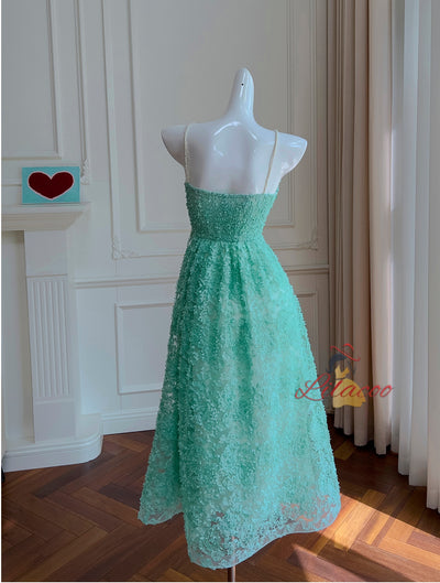 Green Spaghetti Straps Flower Prom Dress