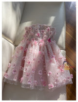 Pink Sequins Strapless Flower Prom Dress