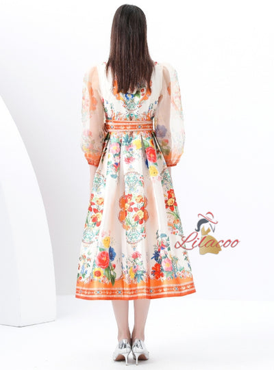 Retro Printed V-neck Bubble Sleeve Dress