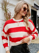 Short Round Neck Striped Contrast Sweater