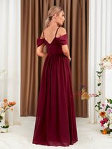 Burgundy Chiffon V-neck Pleats Prom Dress