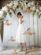 White Lace Puff Sleeve Square Neck Wedding Dress