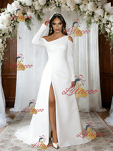 White Irregular Neck Long Sleeve Wedding Dress