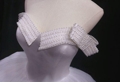 White Tulle Off the Shoulder Pearls Wedding Dress