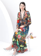 Retro Deep V-neck Lantern Sleeve Floral Dress