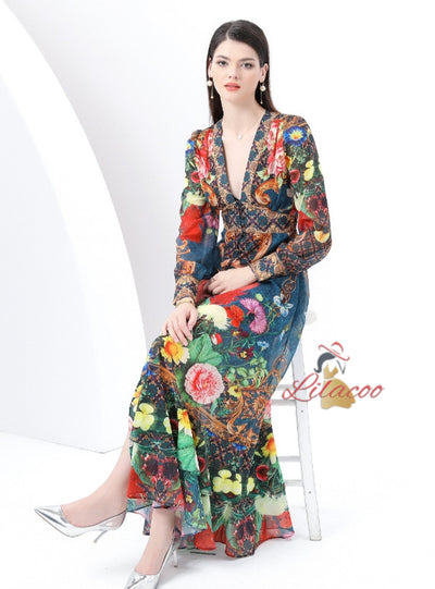 Retro Deep V-neck Lantern Sleeve Floral Dress