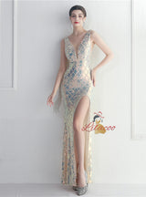 Gold Mermaid V-neck Prom Dress