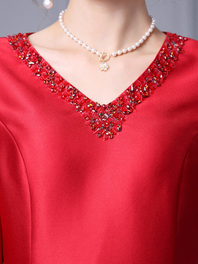 Red Satin V-neck Beading Mother Of The Bride Dress