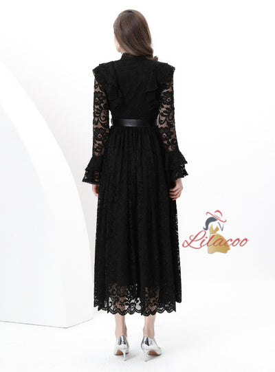 Wooden Ear Spliced Lace Long Dress