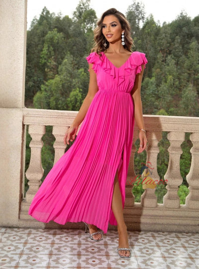 Sexy V-neck Pleated Long Dress