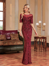 Burgundy Mermaid Sequins Short Sleeve Prom Dress