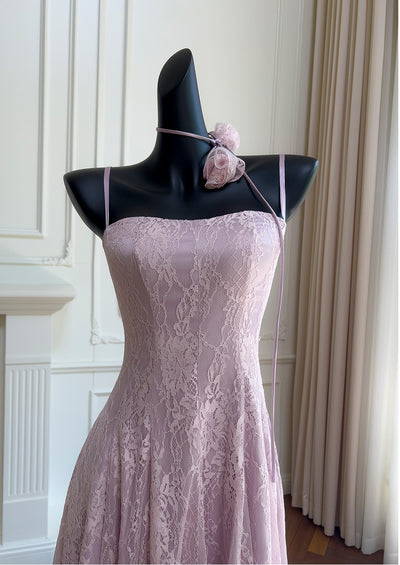 Purple Lace Straps Prom Dress