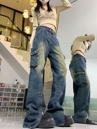 Retro Pocket Straight Loose Wide-leg Jeans