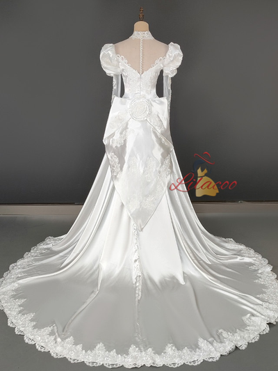 White Satin Appliques Beading High Neck Wedding Dress
