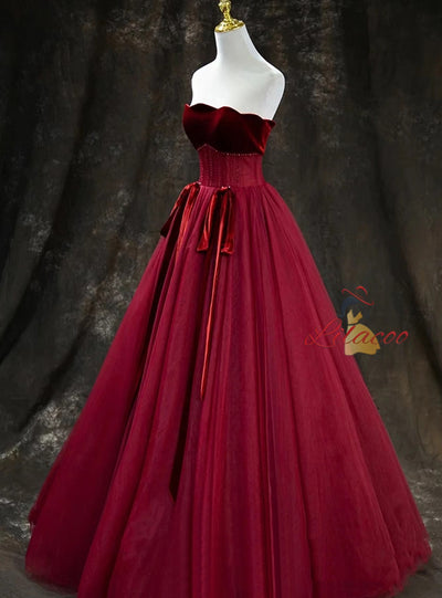 Burgundy Tulle Velvet Beading Prom Dress